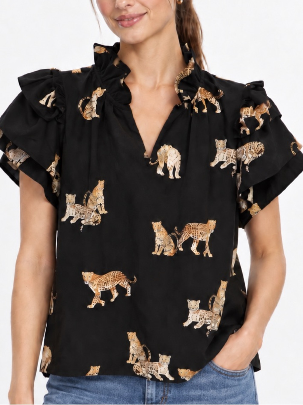 THML Leopard Print Top with Ruffled Sleeves and Neck Black Size M